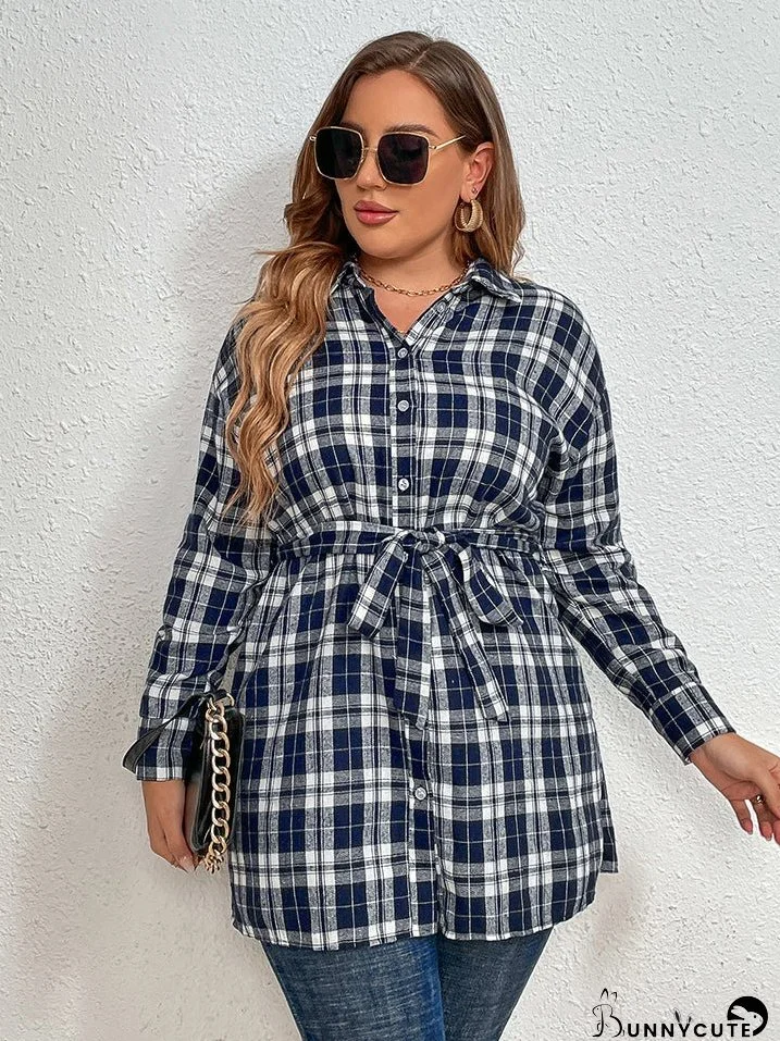 Plus Size Plaid Collared Neck Tie Waist Shirt