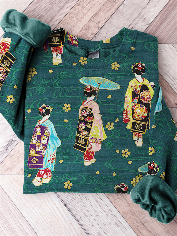 Japanese Geisha Cherry Blossom Wave Pattern Comfy Sweatshirt wearshes