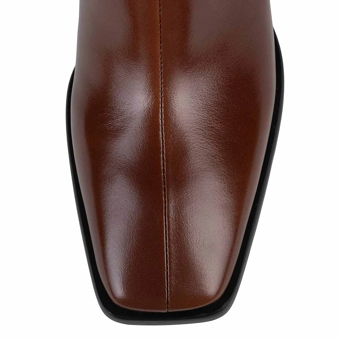 Classic Square Toe Chunky Heel Zipper Brown Short Boots for Women