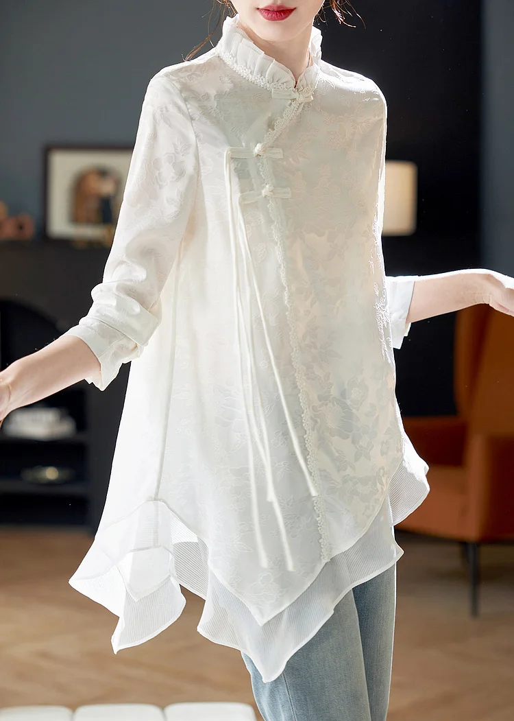 Elegant White Ruffled Chinese Button Chiffon Shirt Long Sleeve Spring