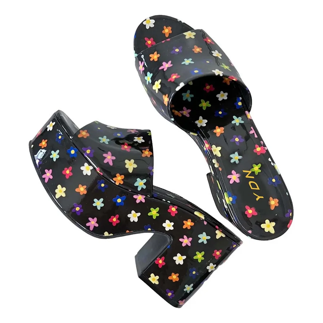 Black Patent Leather Chunky Heel Platform Sandals with Flower Print