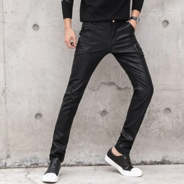 Woherb Fashion Men's Pant Faux Leather Jeans Spliced Denim Trousers Male Stretch Slim Fit Punk Stage Singer Motorcycle Casual Pants Men