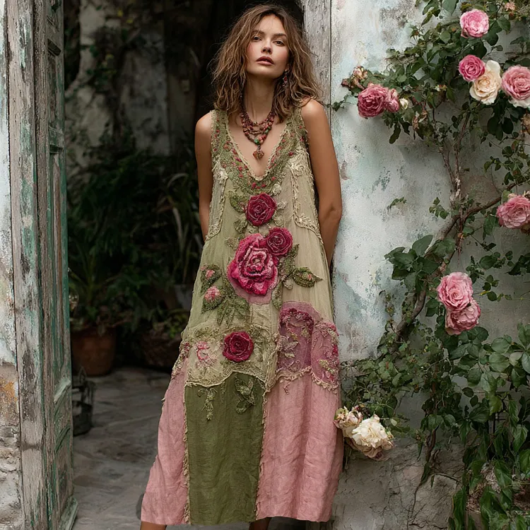 Women's Vintage Rose Art Print Linen Maxi Dress