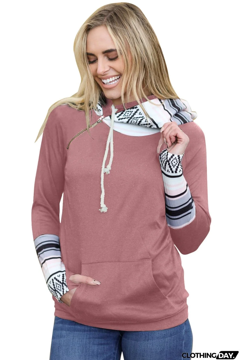 Plaid Double Hoods Thumb Hole Hoodie