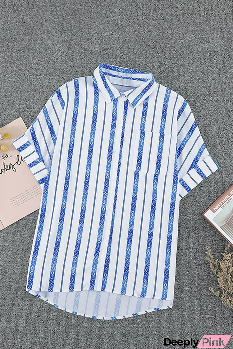 Casual White Stripes Roll Up Sleeve Button Up Shirt
