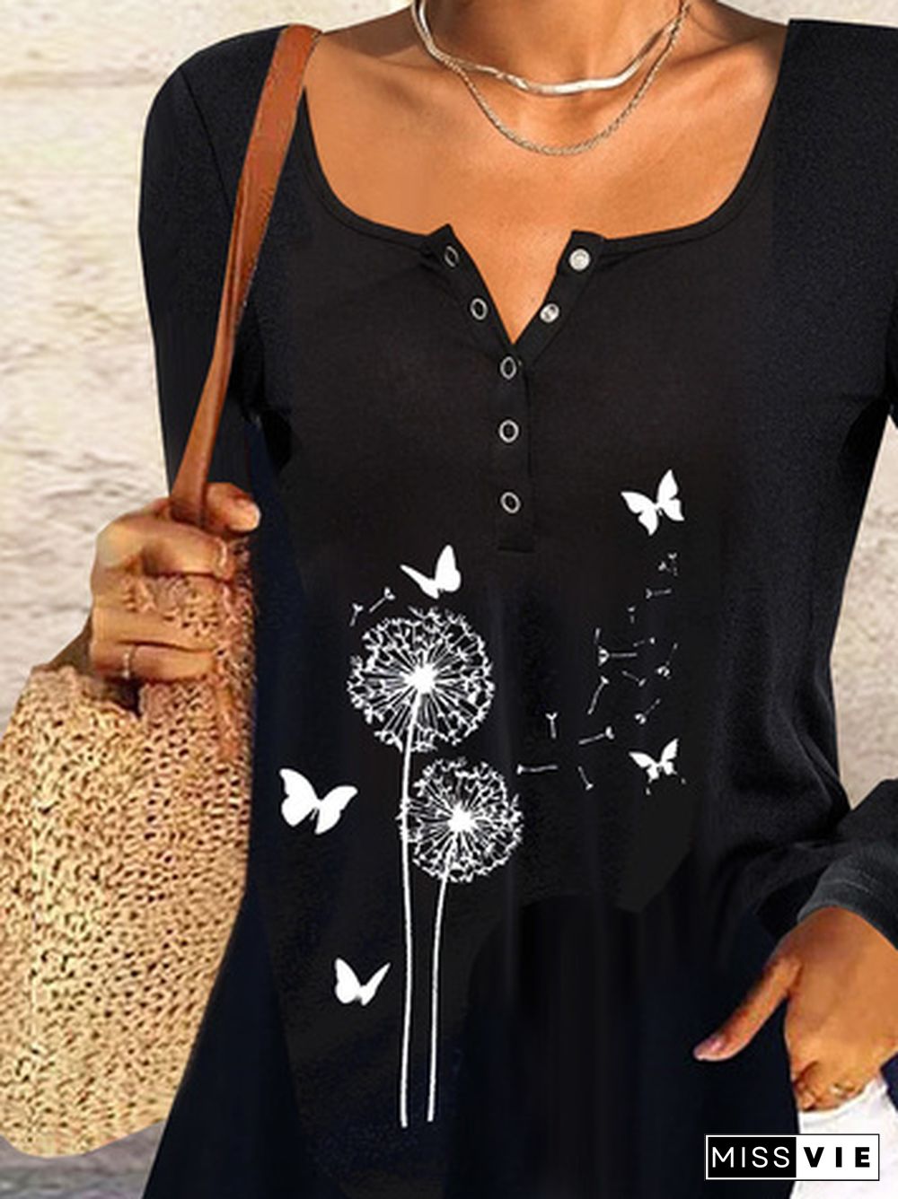 V Neck Jersey Long Sleeve Dandelion Printed T-Shirt