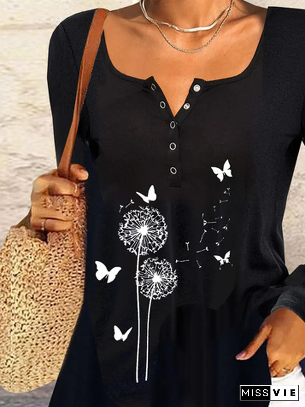 V Neck Jersey Long Sleeve Dandelion Printed T-Shirt