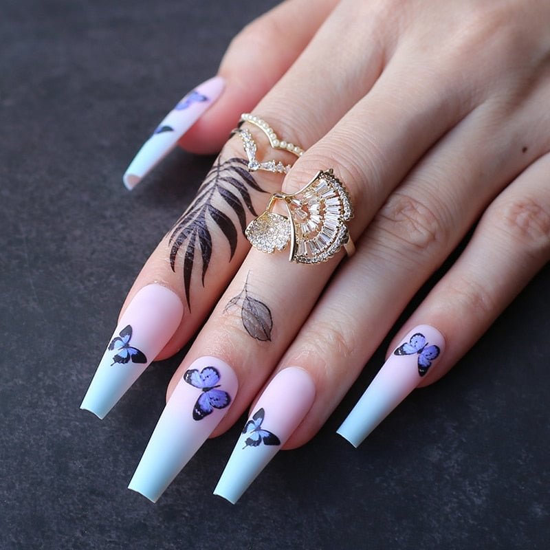 Extra coffin Fake nails ballet False nail Matte Ombre Baby blue Butterfly printing pink Cute, super long and high quality