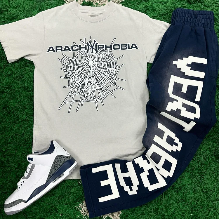 Letter Spider Web Print T-shirt Sweatpants Two Piece Set