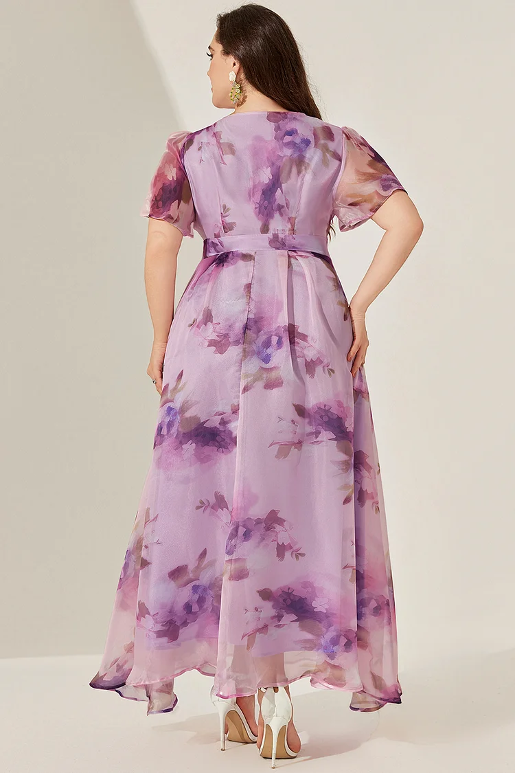Flycurvy Plus Size Wedding Guest Purple Organza Floral Print Empire Waist Tunic Maxi Dress