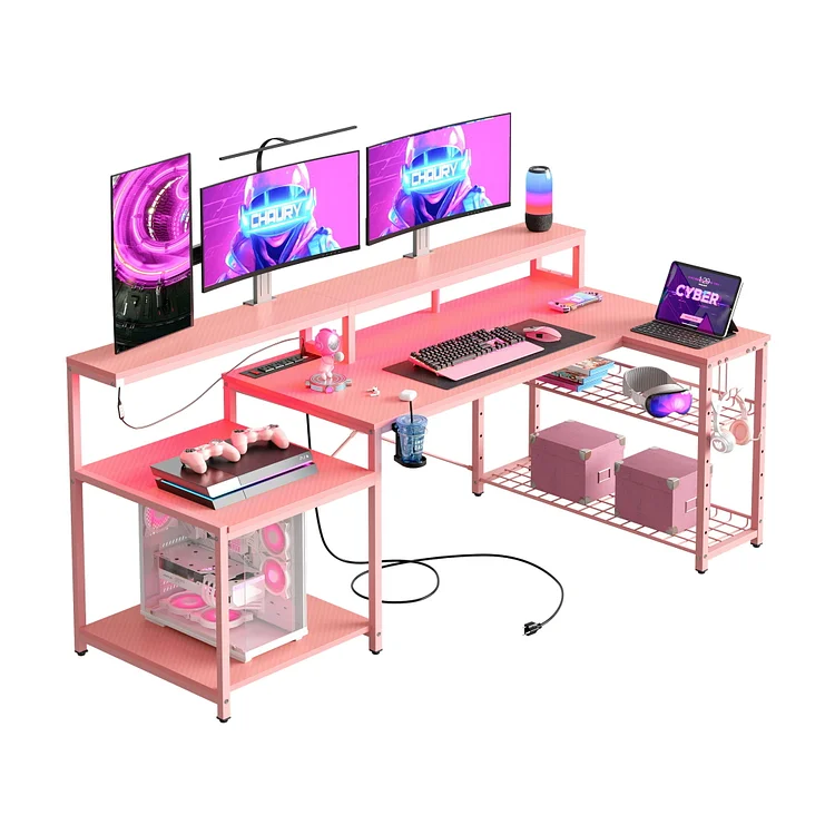Bestier Gaming Desk with Power Outlet, 71.5 inch Large LED Computer Desk with Monitor Stand, L Shaped Corner Gamer Desk for Bedroom Pink