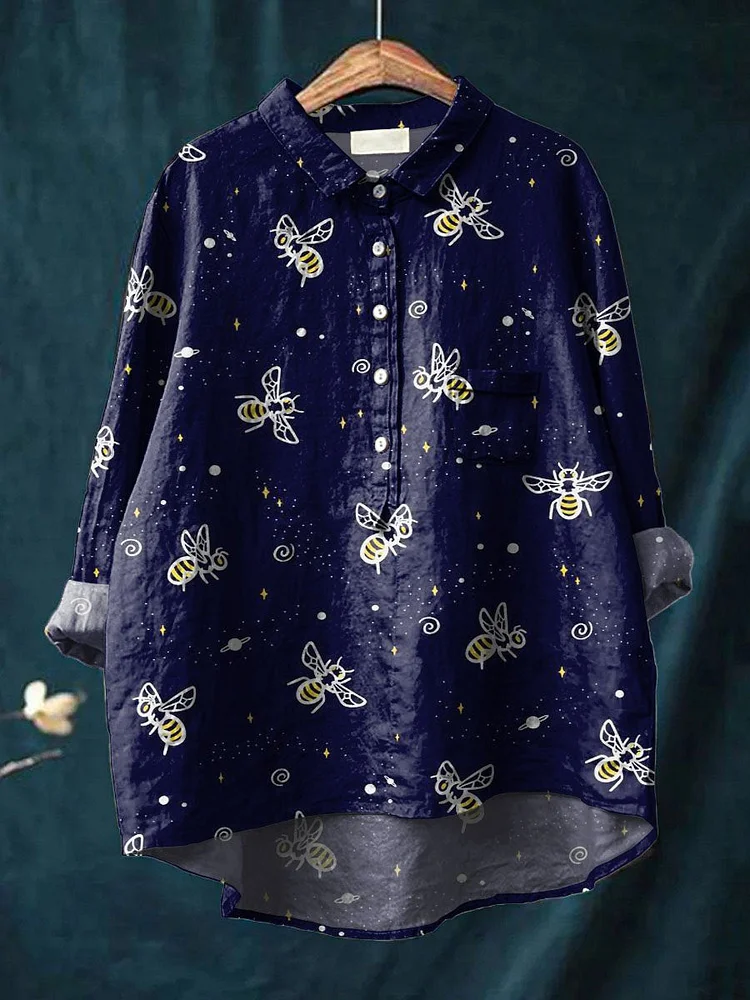 Women's Vintage Lovely Bees Art Print Casual Cotton And Linen Shirt