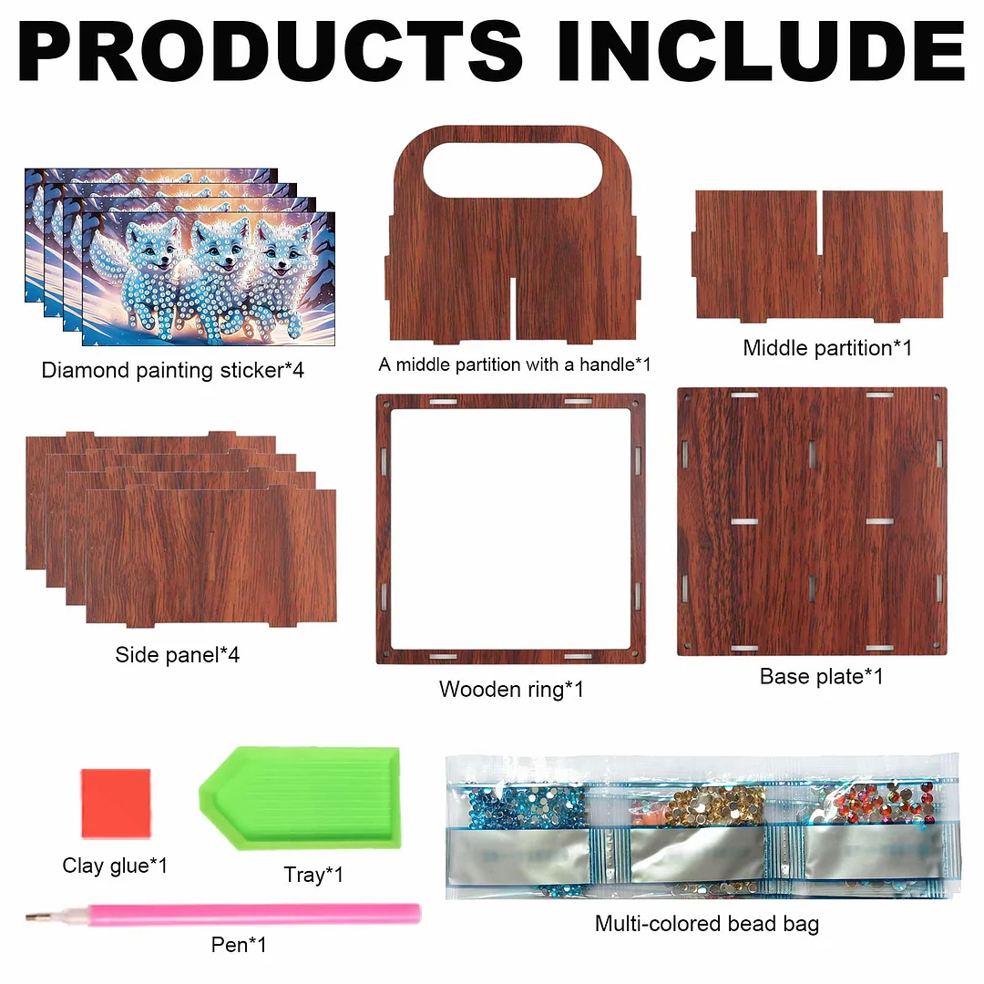 DIY Fox Wooden Diamond Painting Handheld Storage Box Kit Tabletop Art Decor