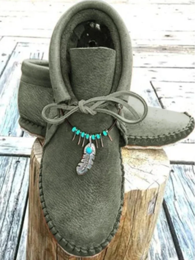 Women's ethnic style flat round toe short boots