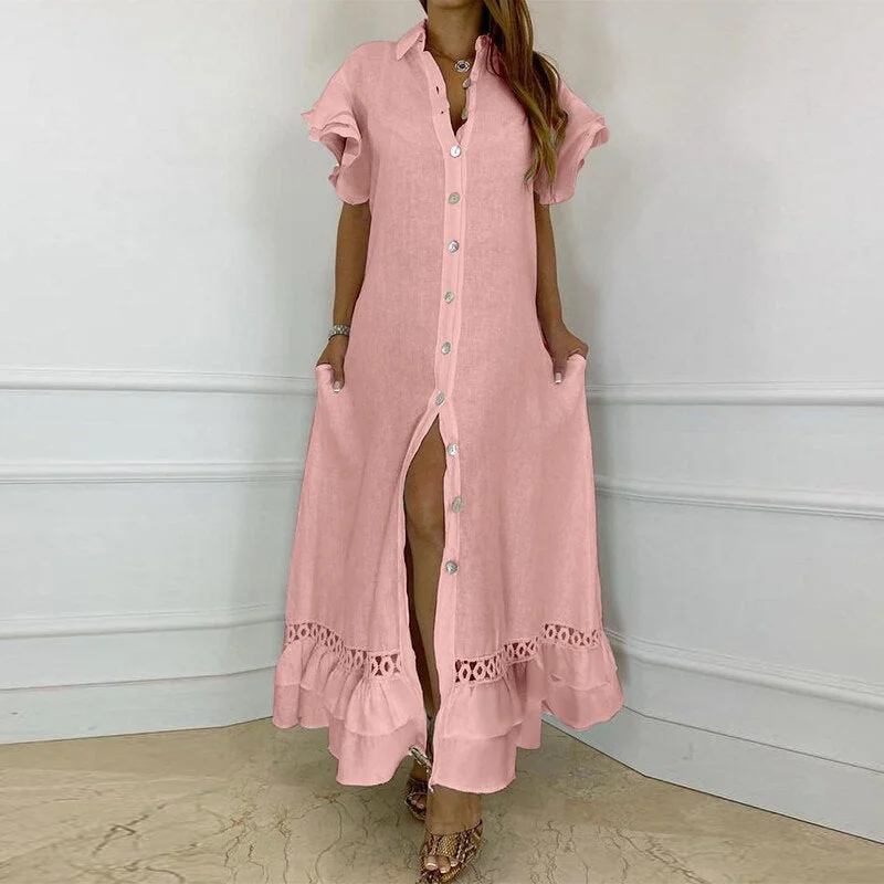 4 Colors Maxi Dress VONDA Women Summer Flare Sleeve Long Dresses Loose Lapel Collar Ruffled Hem Vestidos Sexy Split Hem Robe