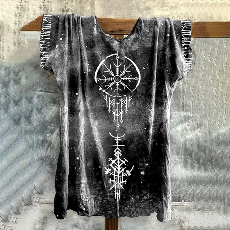 Wearshes Viking Totem Tie-Dye Printed Round Neck Short-Sleeved T-Shirt