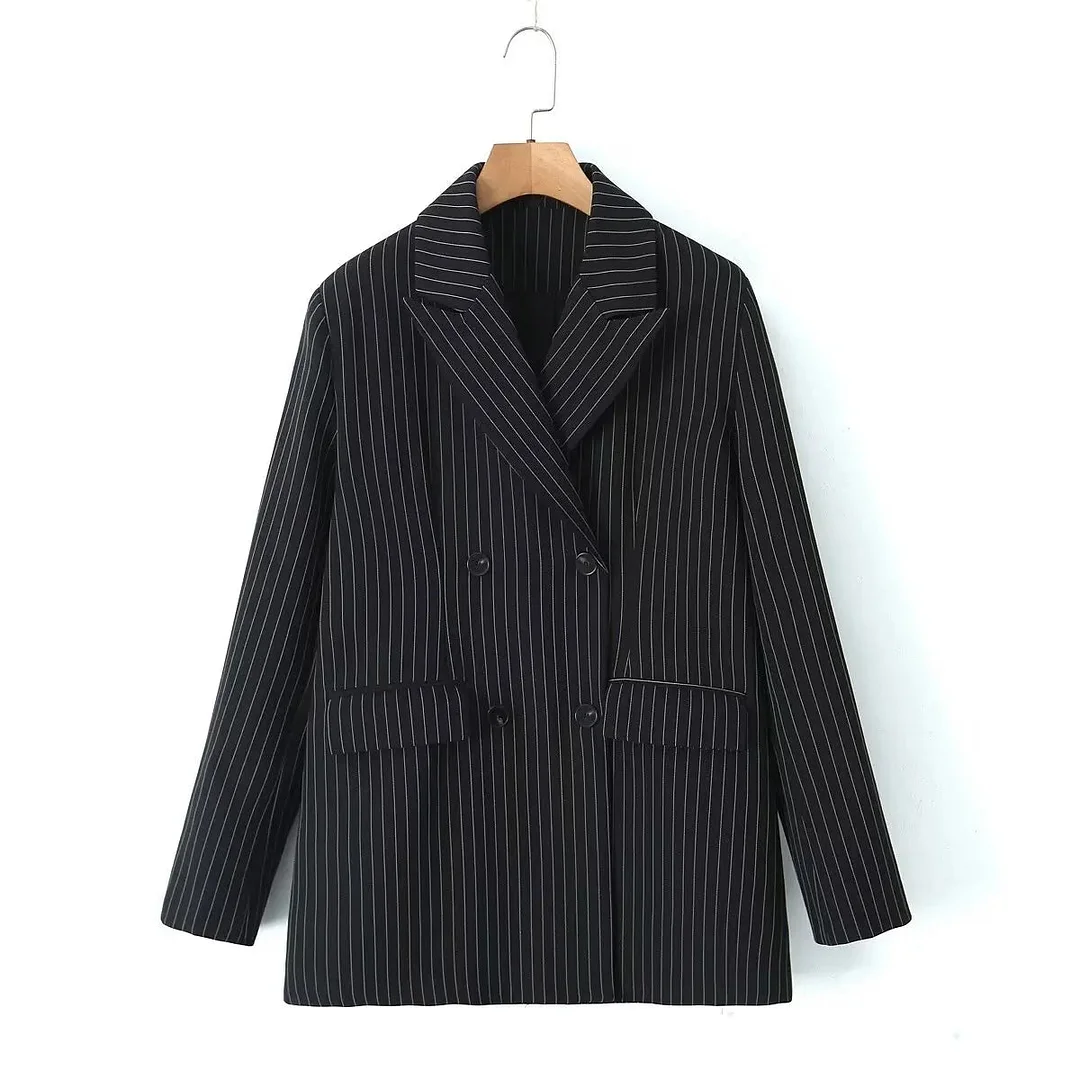 Tlbang Women Vertical Striped Elegant OL Blazer Vintage Double Breasted Long Sleeve Office Lady Business Formal Work Wear Suit Jacket