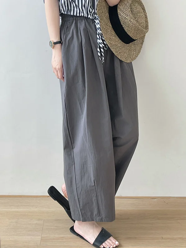 High Waisted Loose Elasticity Pleated Solid Color Split-Joint Pants Trousers