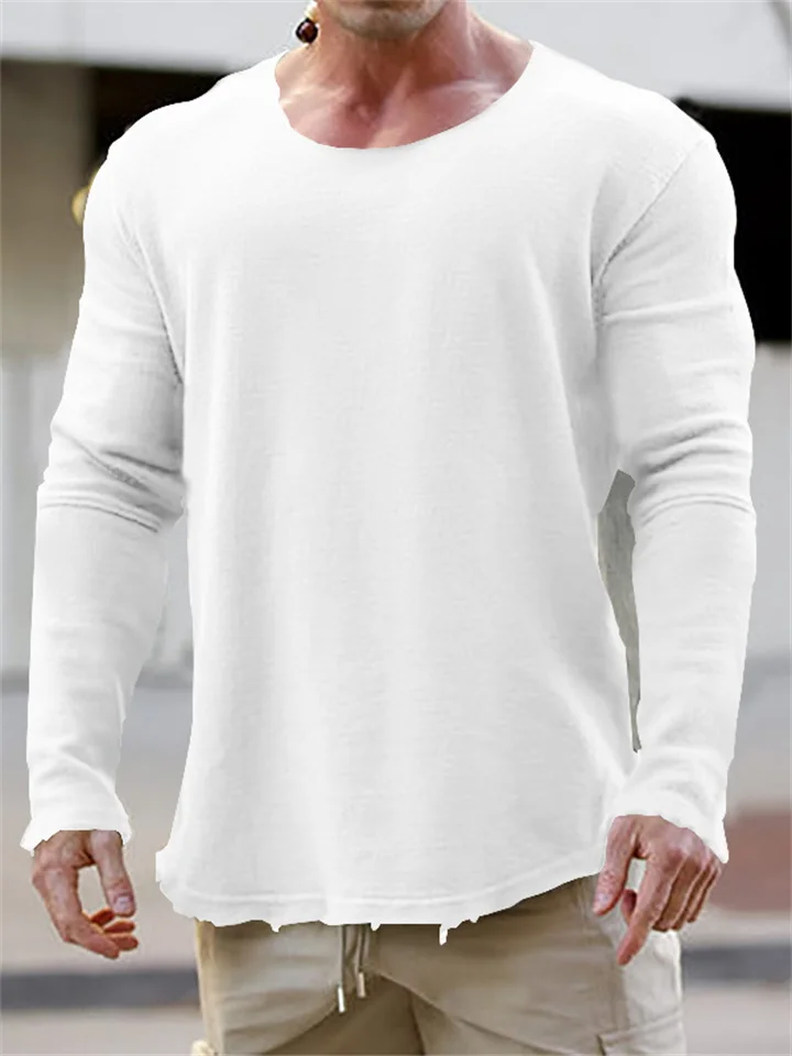Autumn New Solid Color Men's Long-sleeved Round Neck Battle Damaged Version of Casual Loose Type Casual T-shirt Tops