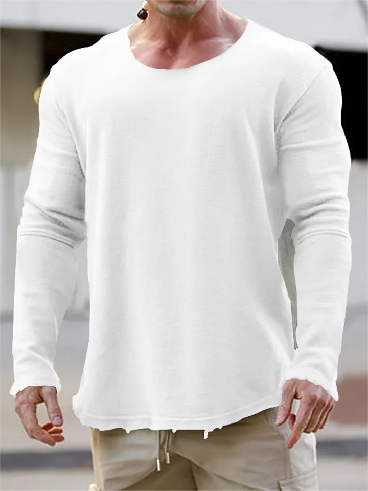 Autumn New Solid Color Men's Long-sleeved Round Neck Battle Damaged Version of Casual Loose Type Casual T-shirt Tops | 168DEAL