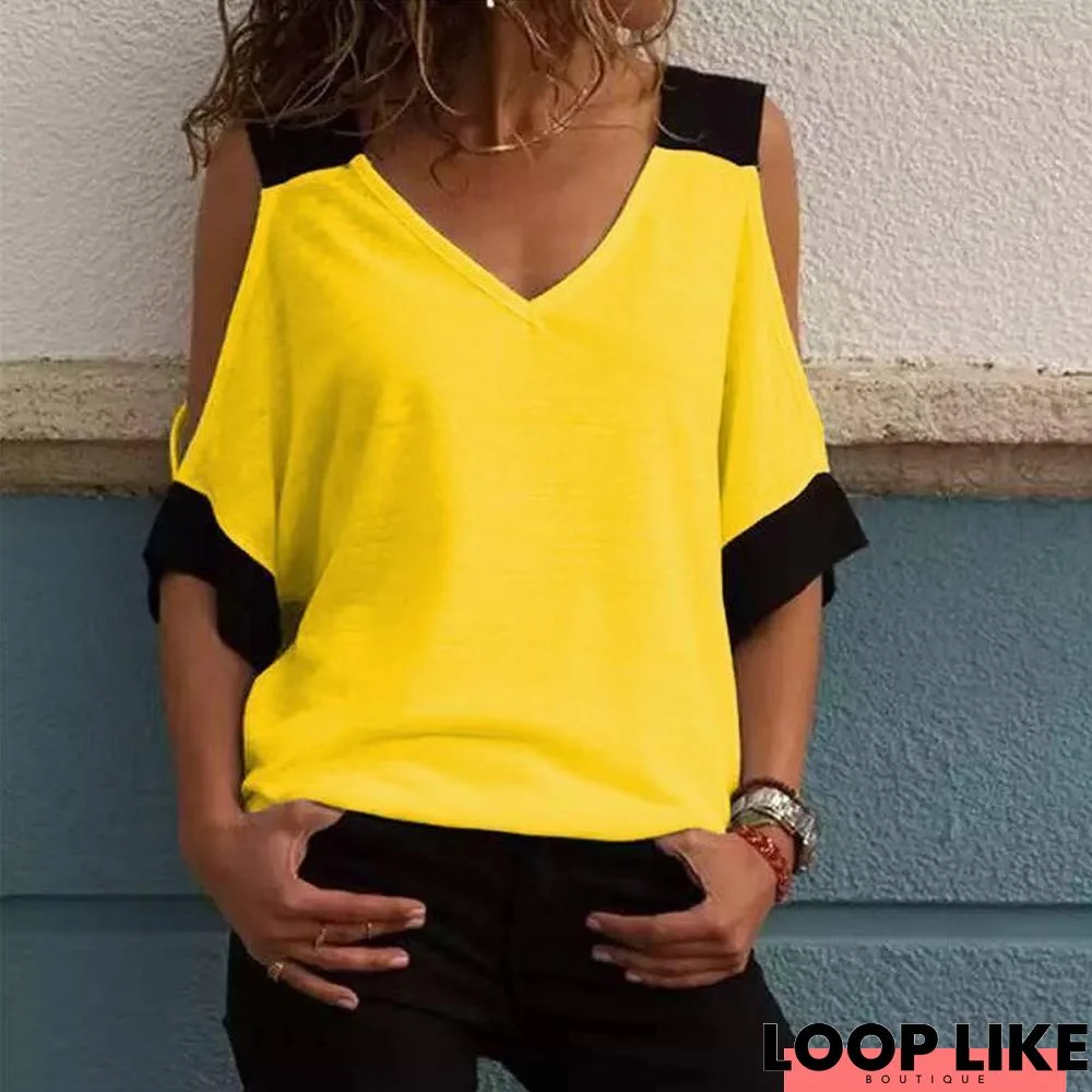 Women Plus Size V-Neck Blouse Patchwork Cold Shoulder T-Shirt Tops