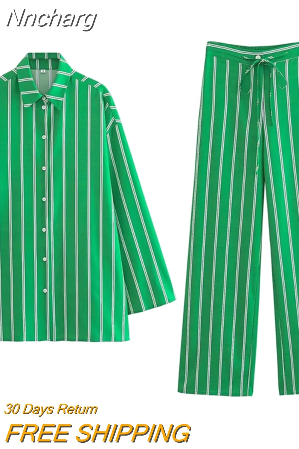 Nncharge Women Shirt And Blouse Sets Green Striped Shirt And Wide Pants Set Summer 2 Pieces Sets Women Spring Pantsuits Streetwear