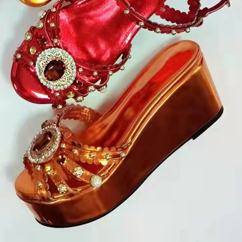 Green Rhinestone Sandals Woman Open Toe Red Diamond Platfrom Wedges Shoes Lady Party Shoes