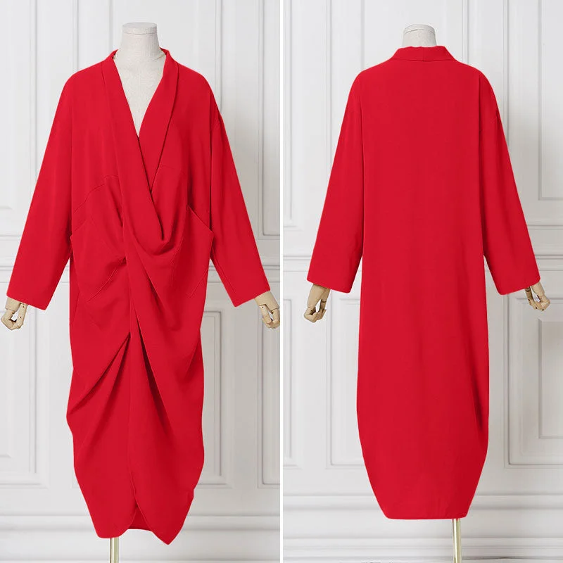 VONDA Women Long Sleeve V Neck Split Hem Dress Summer Spring Casual Pleated Long Maxi Dresses Femme Party Vestidos With Pockets