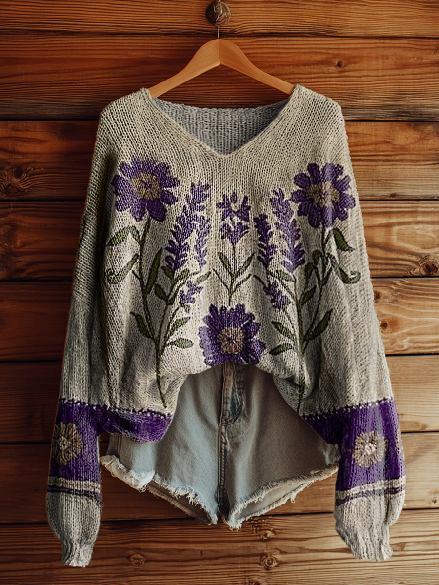 Women's Bohemian Floral Art Print Casual Pullover Sweater