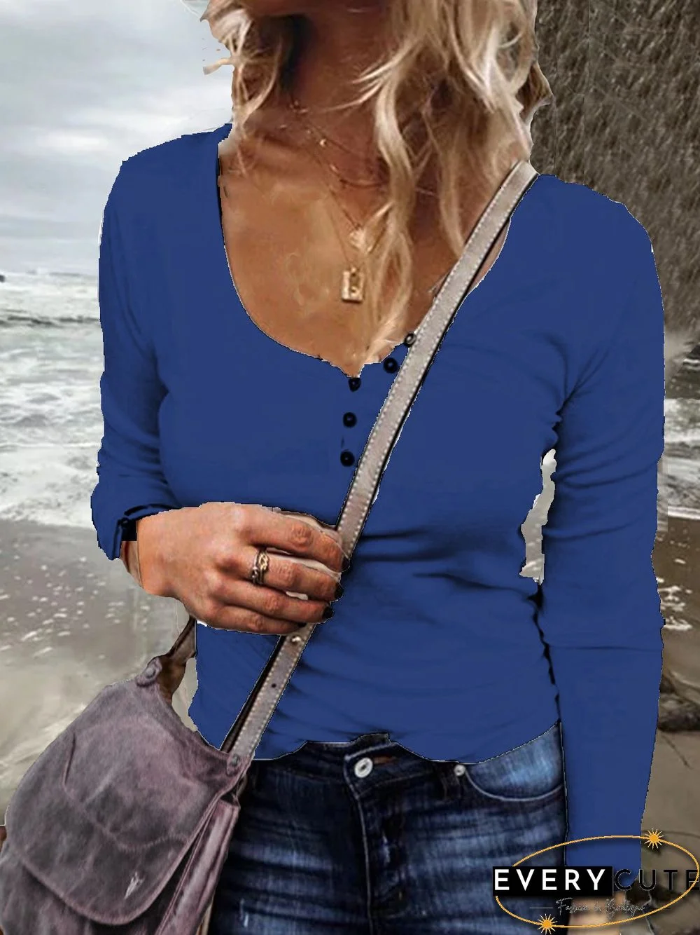 Casual Plus Size U-Neck Long Sleeve T Shirts Tee