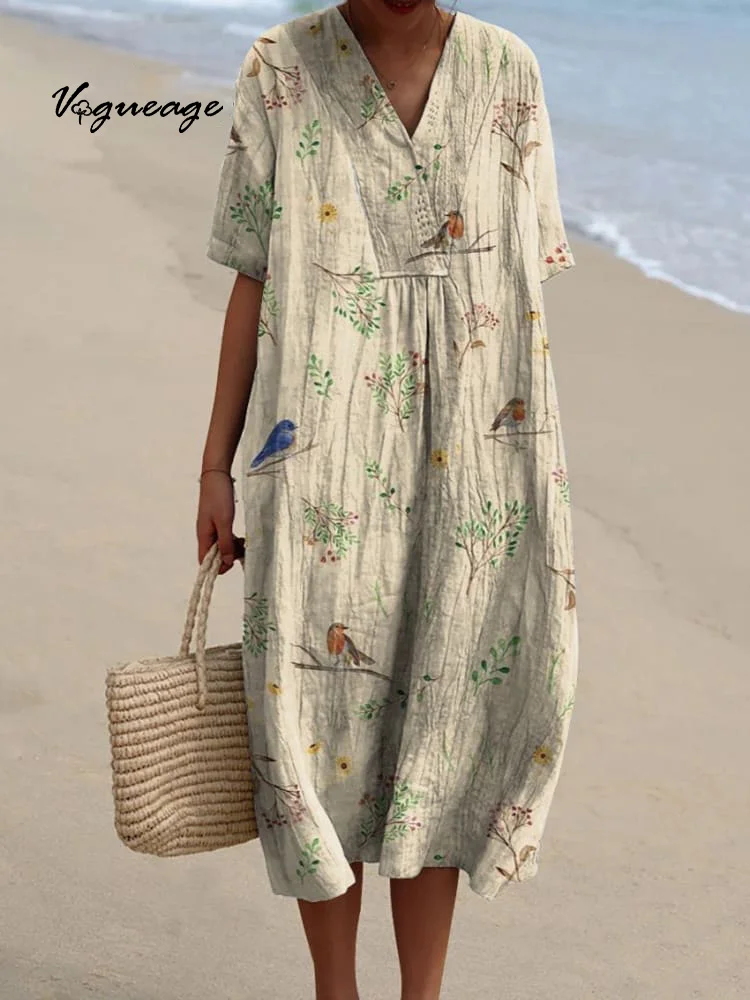 Simple Ink Painting Of Leaves And Birds Printed Women's Casual Cotton And Linen Dress