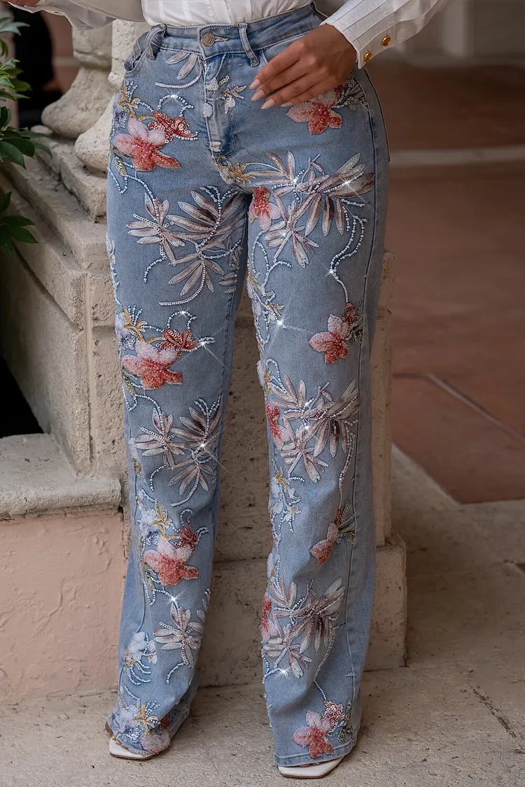 Plus Size Party Blue Beaded Pocket Denim Jeans [Pre-Order] 2024 - Xpluswear