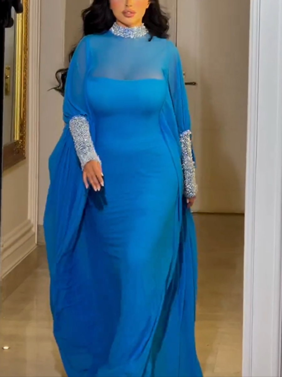 Elegant Rhinestone Mesh Stand Collar Long Sleeve Dress | Oxredo Shop Ramadan Sale