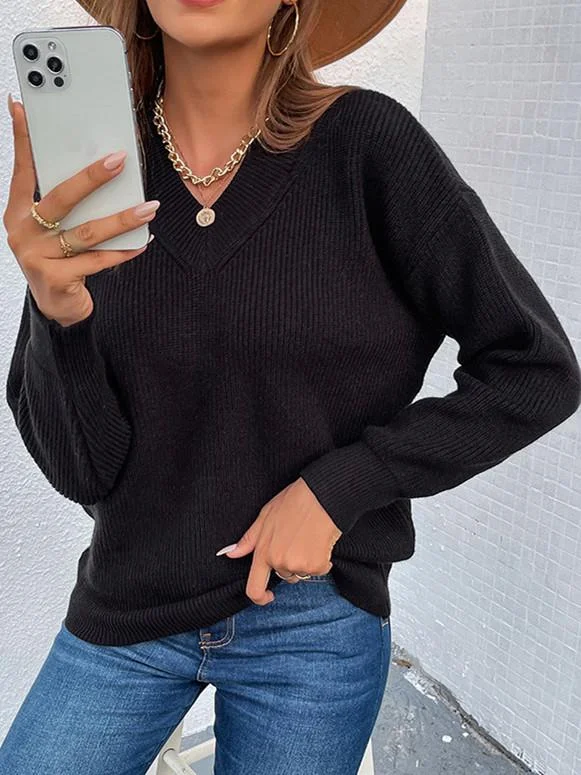 Women Long Sleeve V-neck Colorblock Top