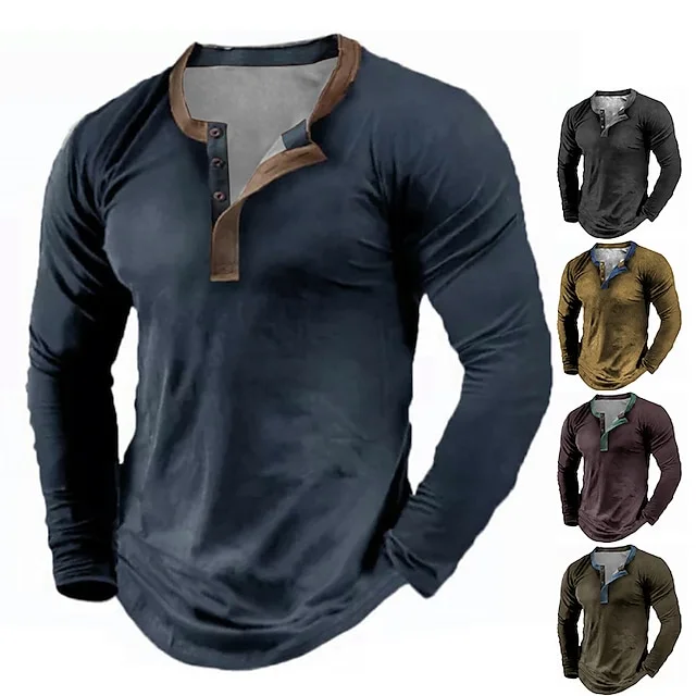Men's Henley Shirt Tee Henley Plus Size Casual Sports Long Sleeve Button-Down Print Clothing Apparel Fashion Streetwear Basic Comfortable