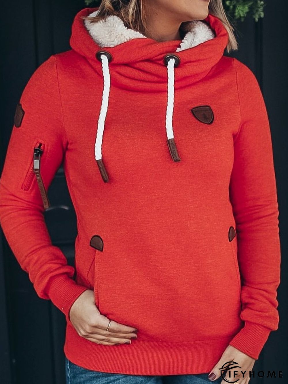 Red Cotton-Blend Long Sleeve Patchwork Hoodie Sweatshirt | IFYHOME