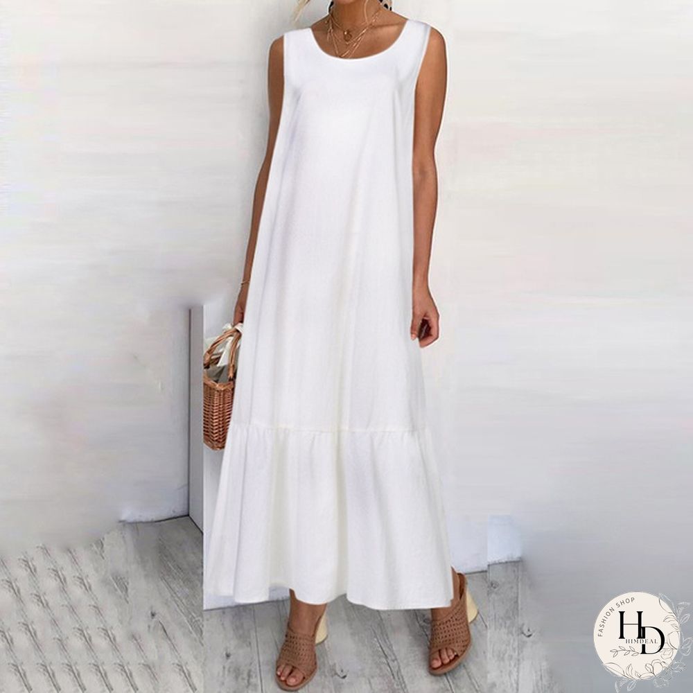 Sumemr Beach Holiday Sundress Women Sleeveless Ruffles Hem Long Dress Cotton Linen Casual Loose Pleated Kaftan Dress Plus Size