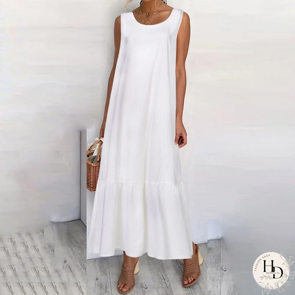 Sumemr Beach Holiday Sundress Women Sleeveless Ruffles Hem Long Dress Cotton Linen Casual Loose Pleated Kaftan Dress Plus Size