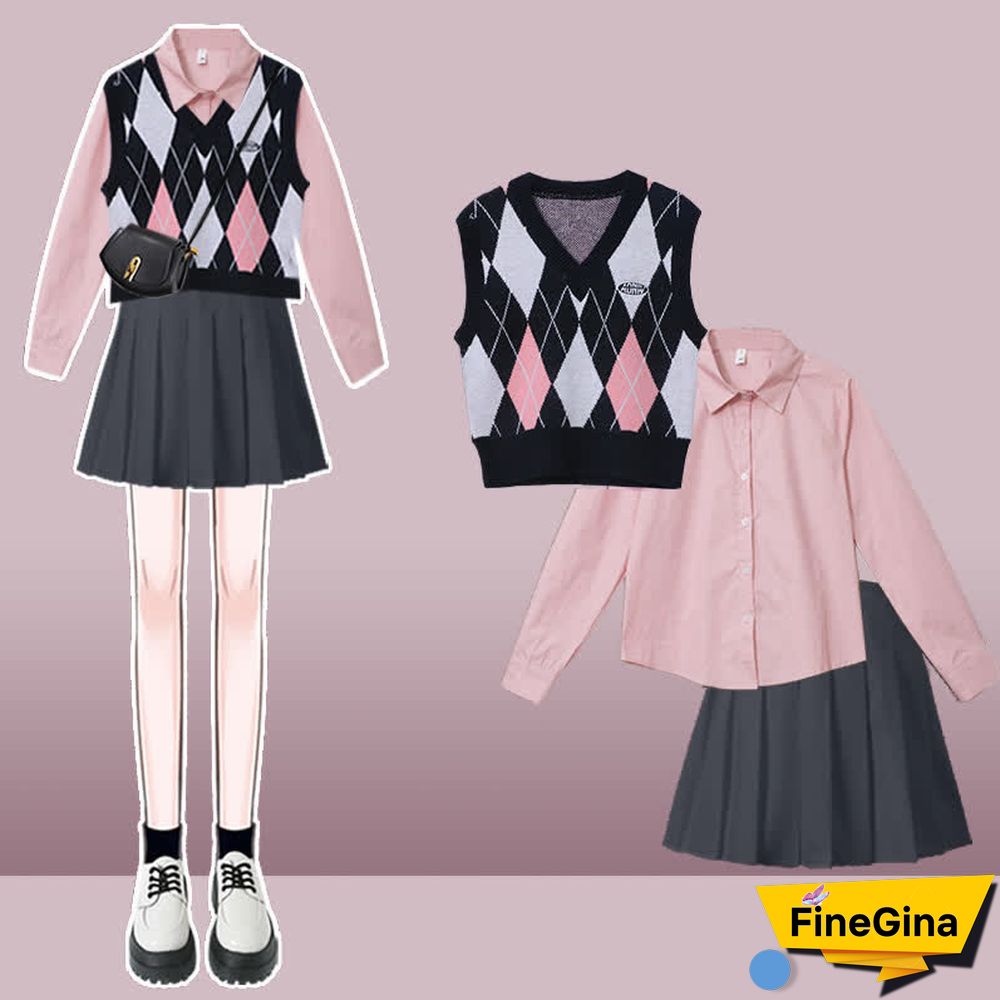 Colorblock Rhombus Print V-neck Vest Long Sleeve Shirt Pleated Skirt