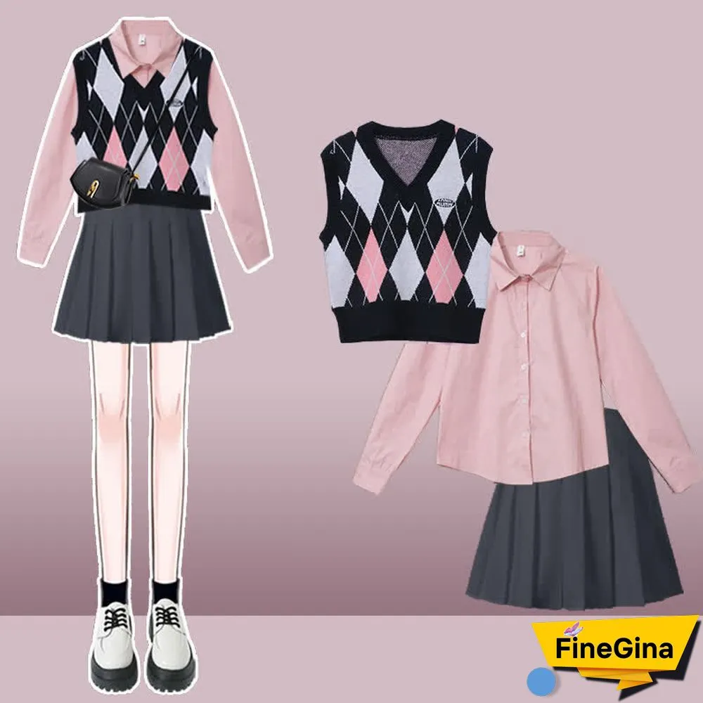 Colorblock Rhombus Print V-neck Vest Long Sleeve Shirt Pleated Skirt