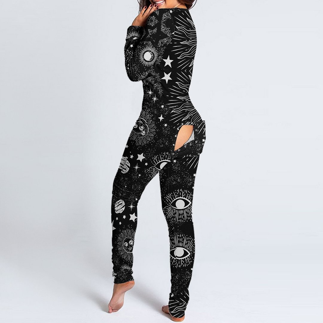Uaang Women Pijamas Onesies Button Down Harajuku Black Print Functional Buttoned Flap Adults Romper Jumpsuit Sleepwear Pajamas Pyjama
