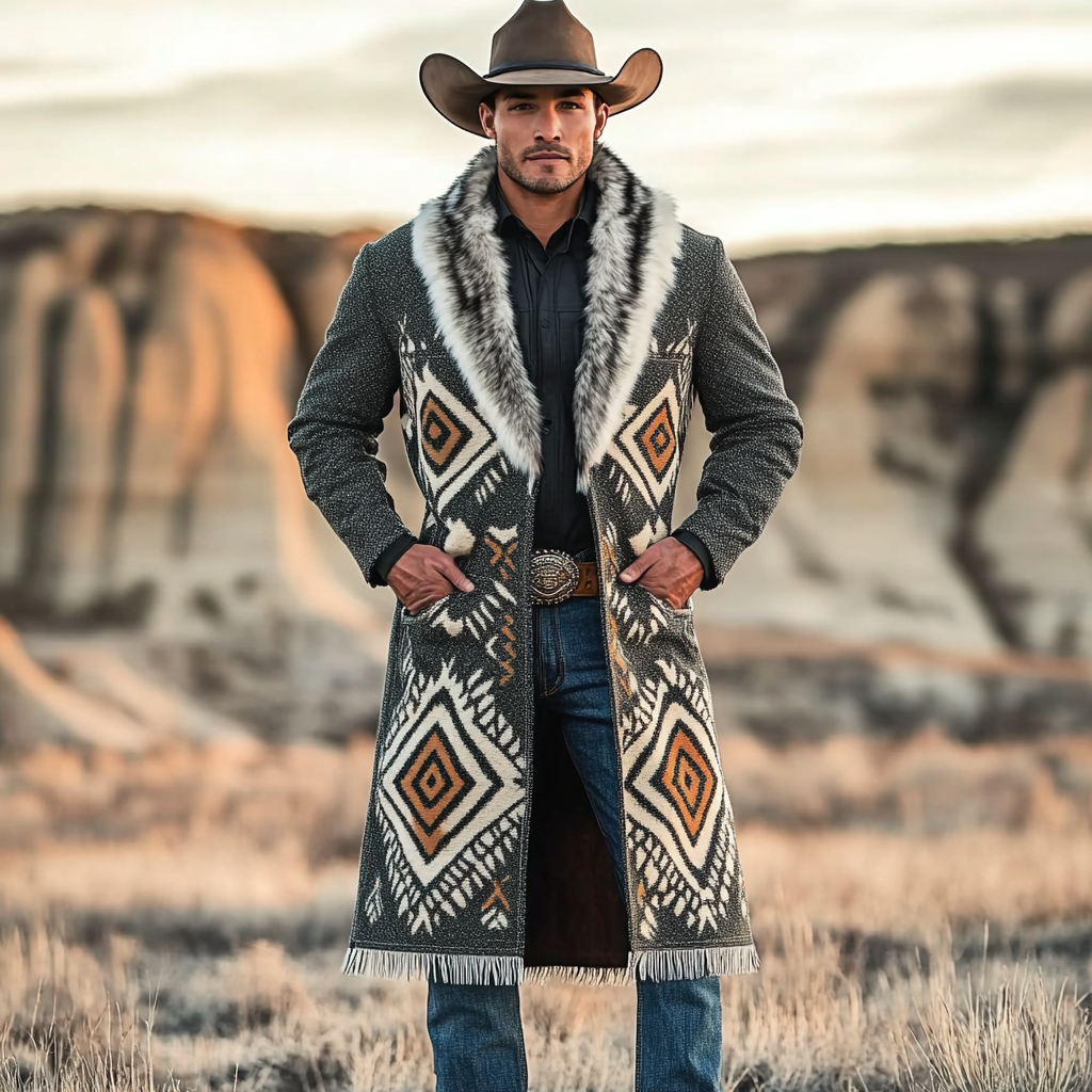 Western Cowboy Retro Aztec Print Ethnic Plush Warm Men's Coat Jacket-inspireuse