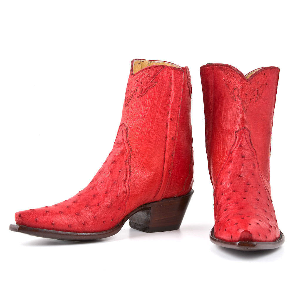 Red Ostrich Embossed Snip Toe Chunky Heel Cowgirl Boots with Zipper Nicepairs