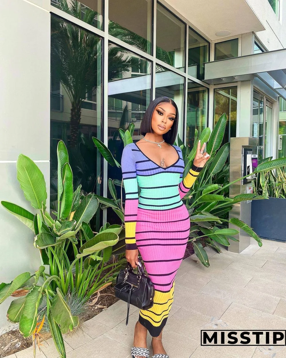 Striped Long Sleeve High Waist Backless Lace Up Dress