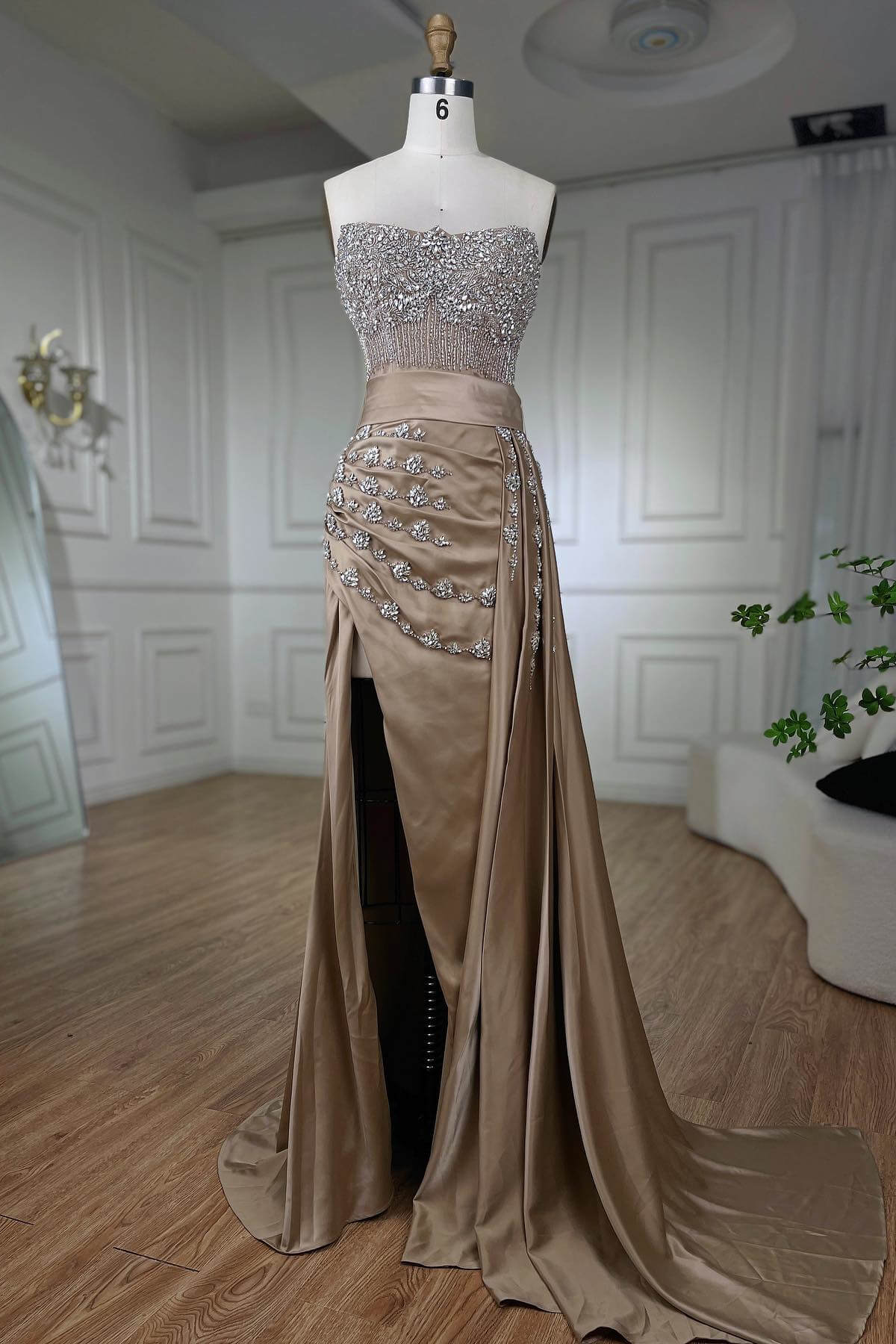 Luluslly Strapless Champagne Mermaid Prom Dress Split Long With Crystals