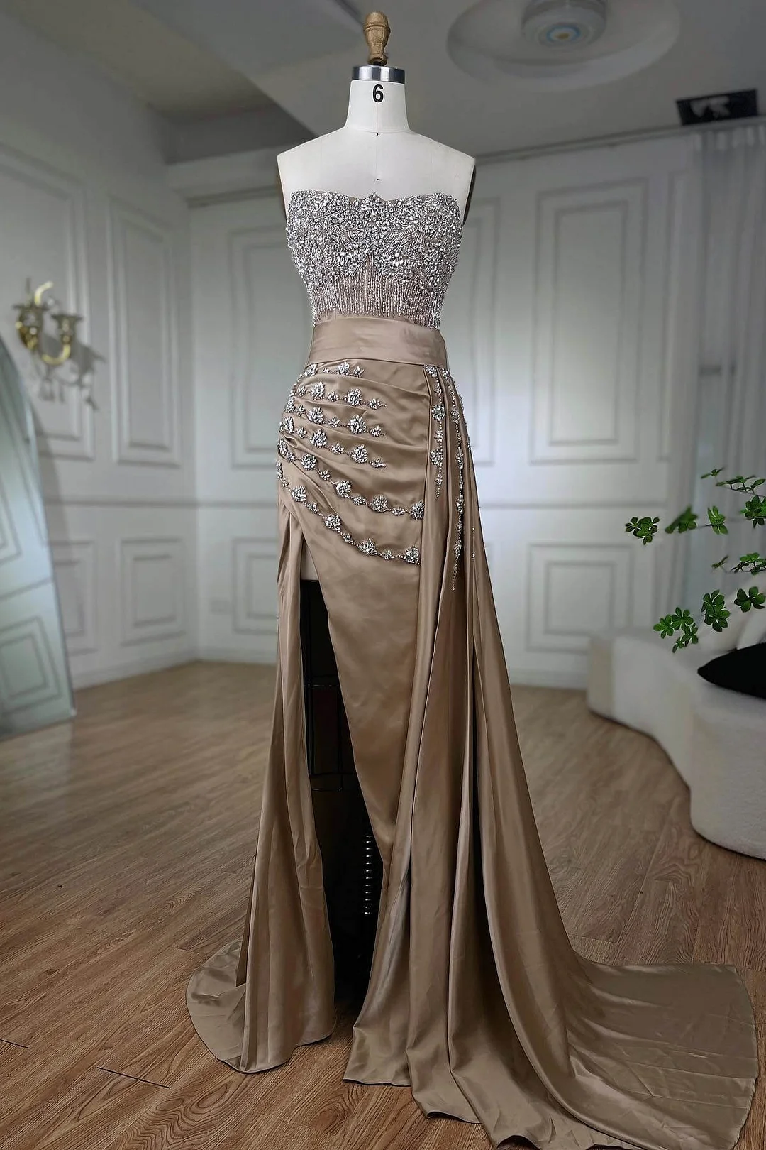 Bellasprom Strapless Champagne Mermaid Prom Dress Split Long With Crystals