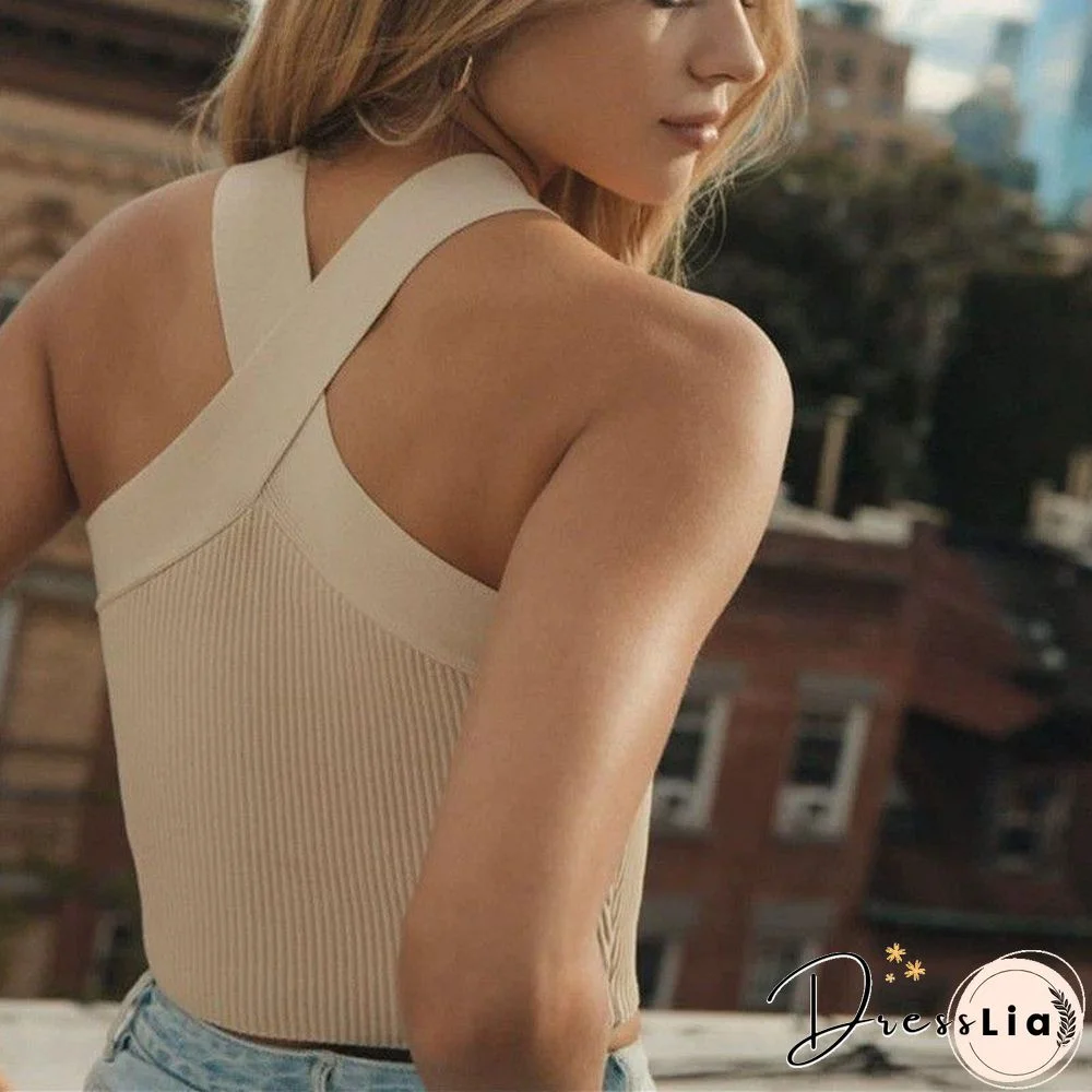 Crinkle Wide Ribbed Rib Criss Cross Halter Crop Top