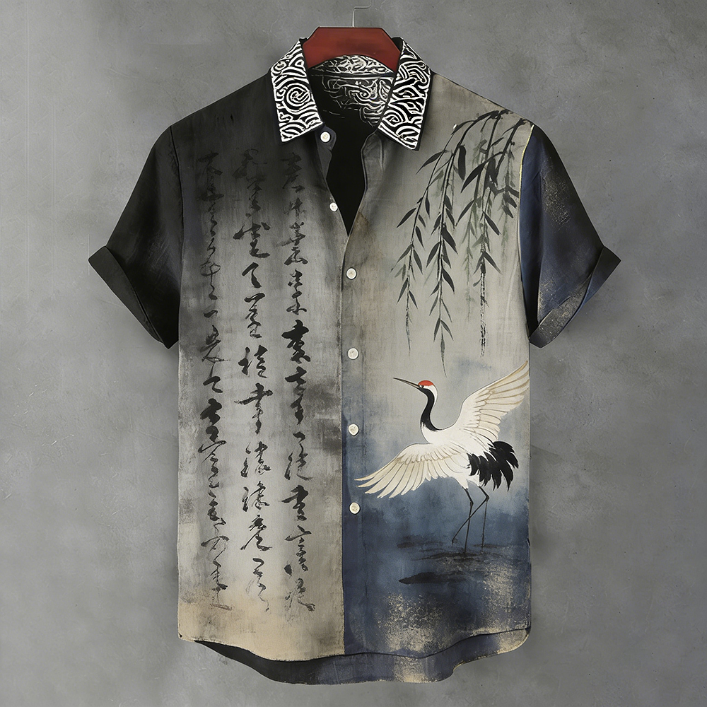 Japanese-style Crane And Weeping Willow Art Embroidery Casual Short Sleeve Shirt elevenforest