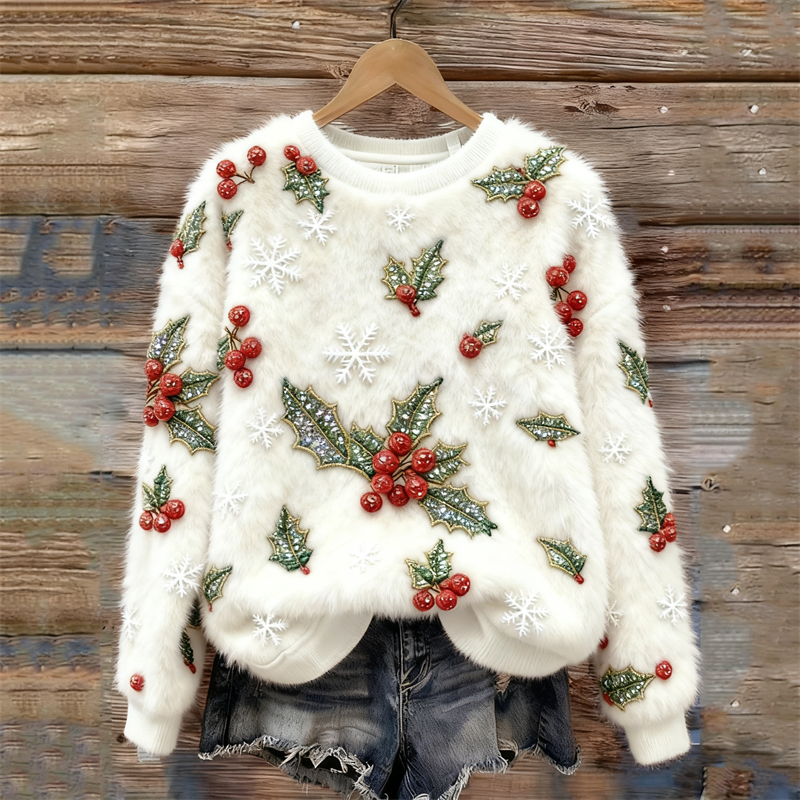 Christmas Berries &snowflakes Embroidered Cozy Plush Sweatshirt elevenforest
