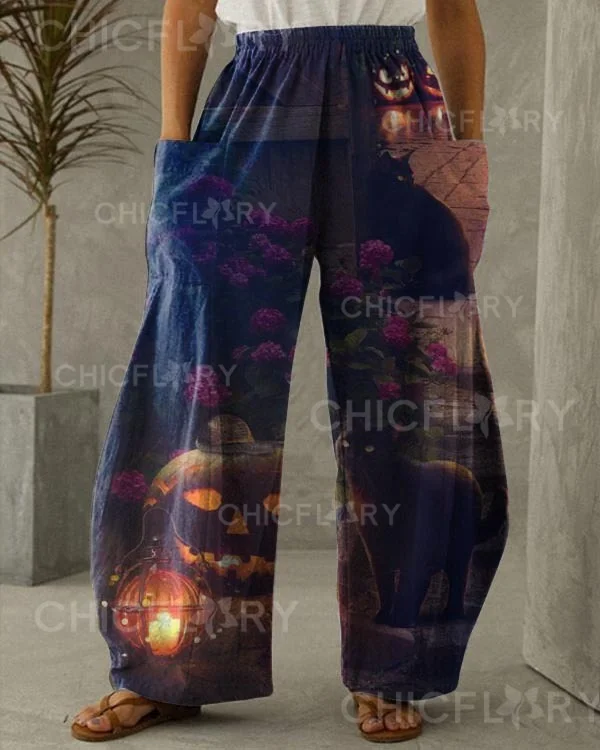 Halloween Pumpkin Cat Floral Pants
